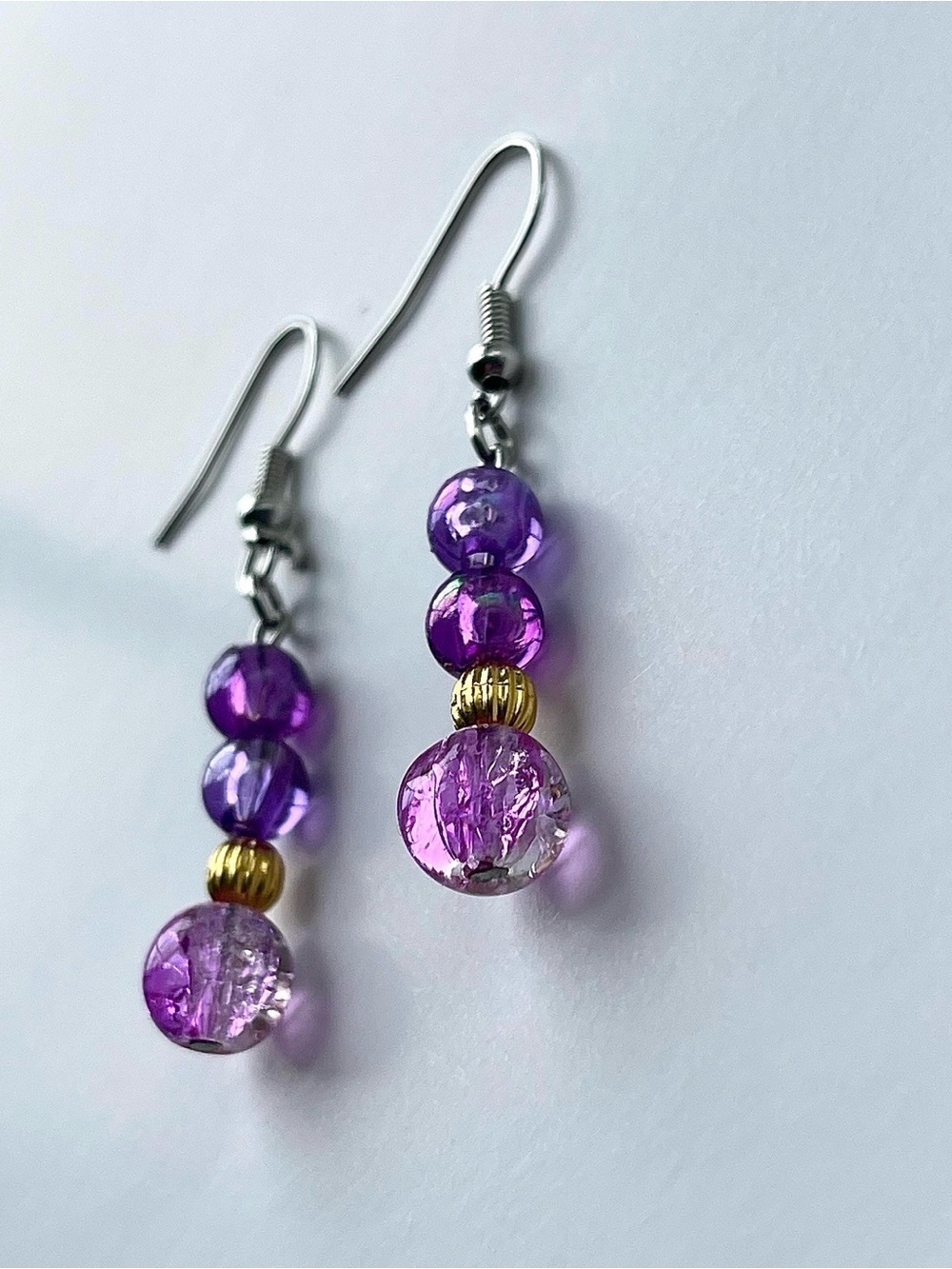 Purple Glass Bead Drop Earrings with Gold Accent